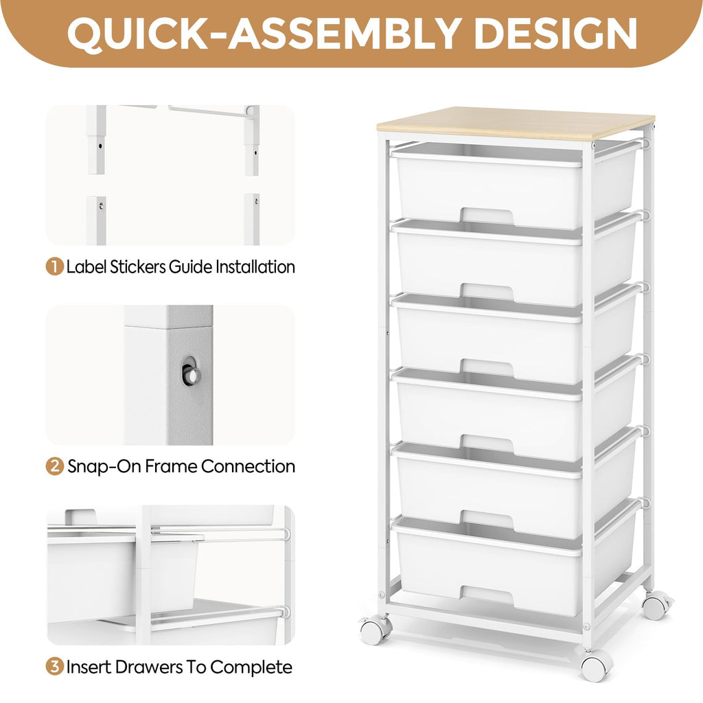 6 Drawer Rolling Storage Cart with Wooden Top and Wheels X486104