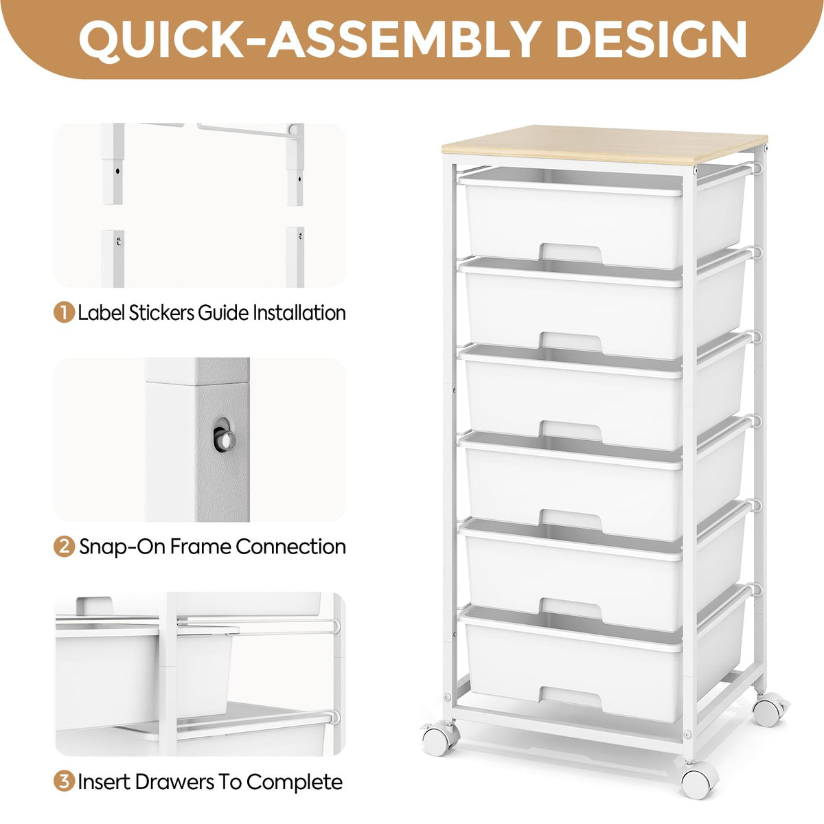 6 Drawer Rolling Storage Cart with Wooden Top and Wheels X486104