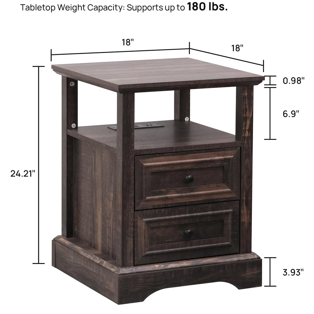 24" Tall Nightstand Set of 2 with Charging Station, 2 Drawers D6230