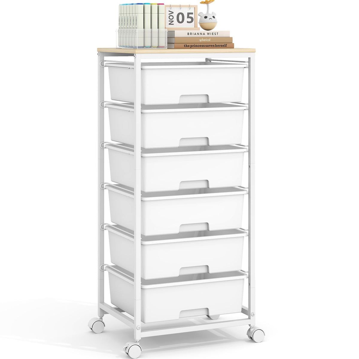 6 Drawer Rolling Storage Cart with Wooden Top and Wheels X486104