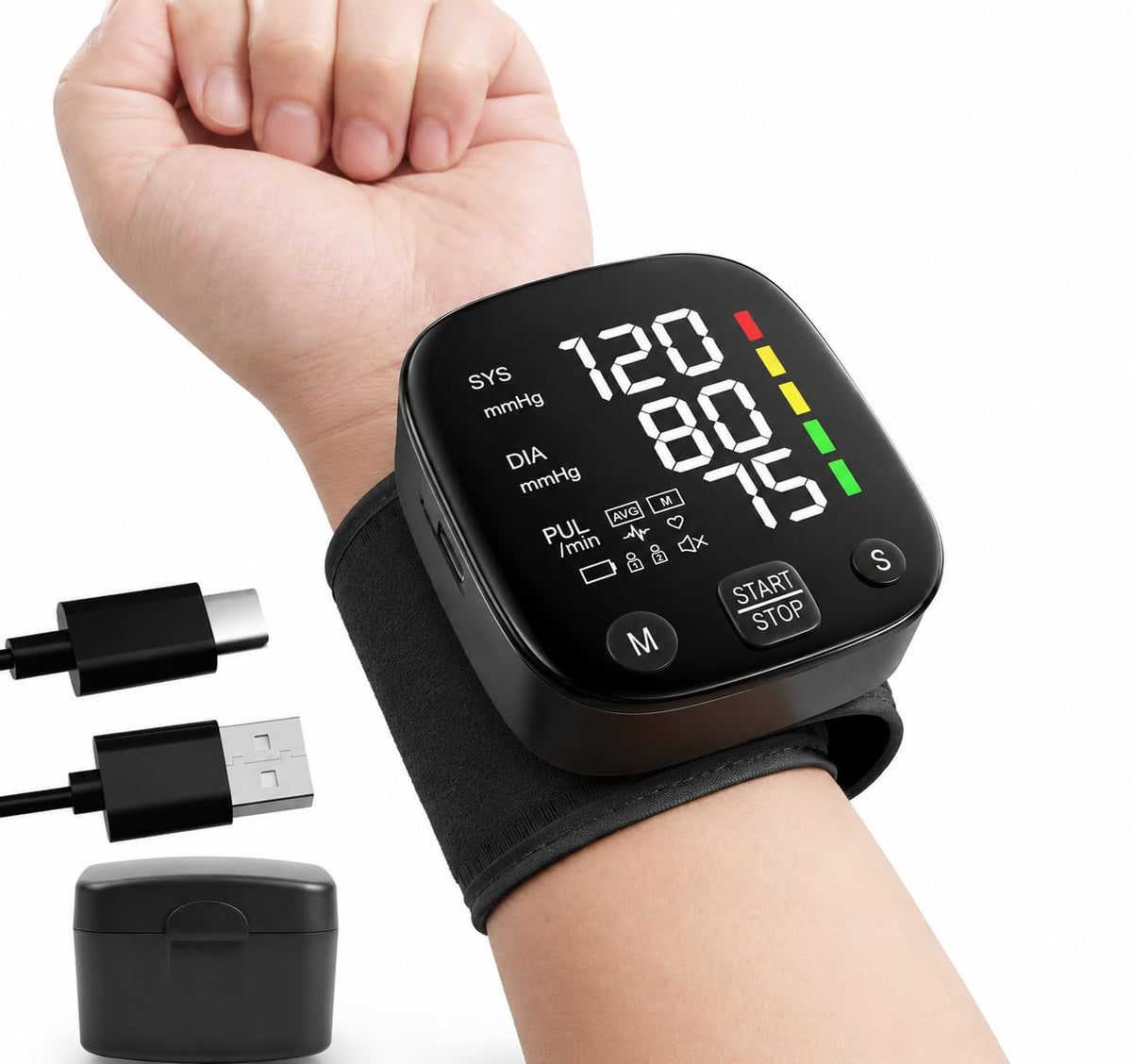 Wrist Blood Pressure Monitor LED Display 2x99 Memory Type-C Rechargeable S634