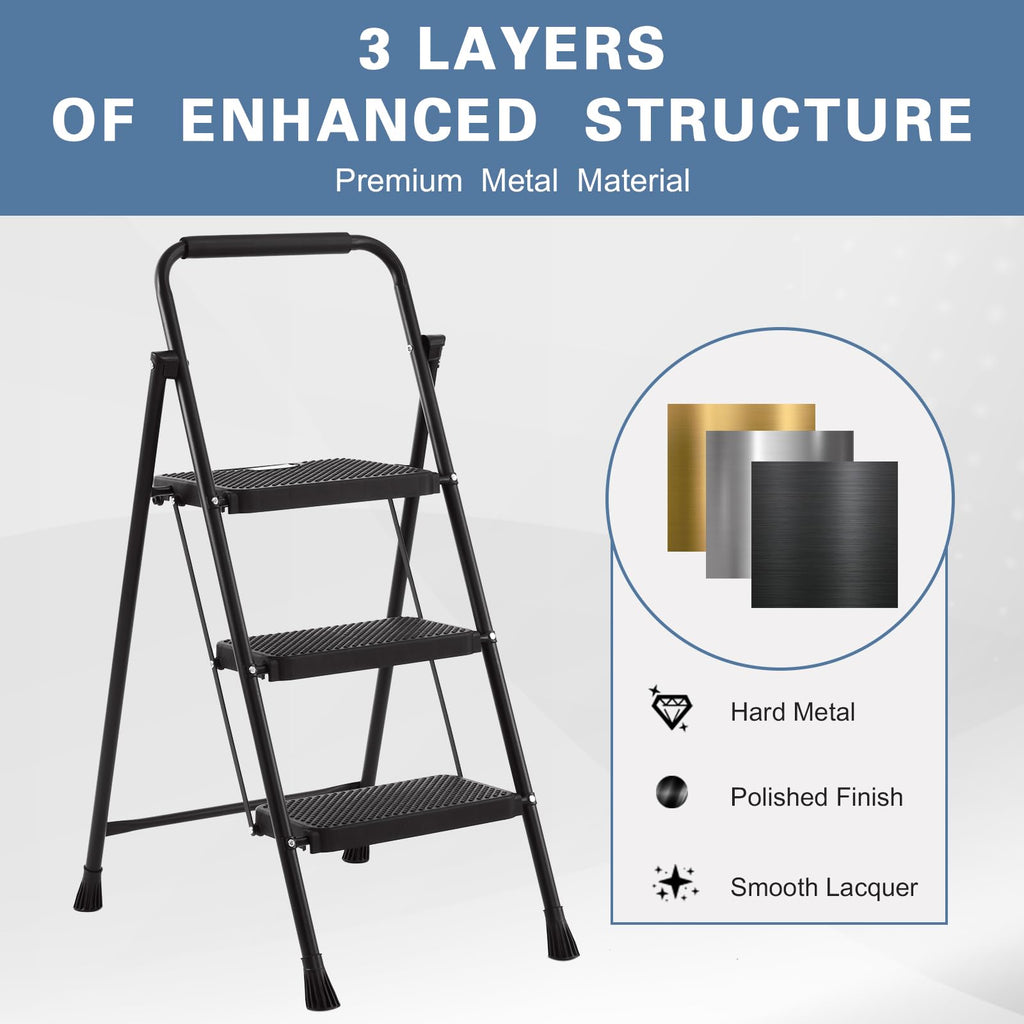 Foldable 3 Step Stool Ladder 300 Lb Weight Limit Steel Y7176