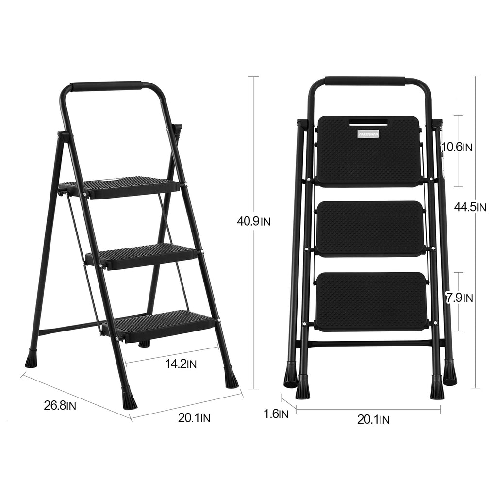 Foldable 3 Step Stool Ladder 300 Lb Weight Limit Steel Y7176