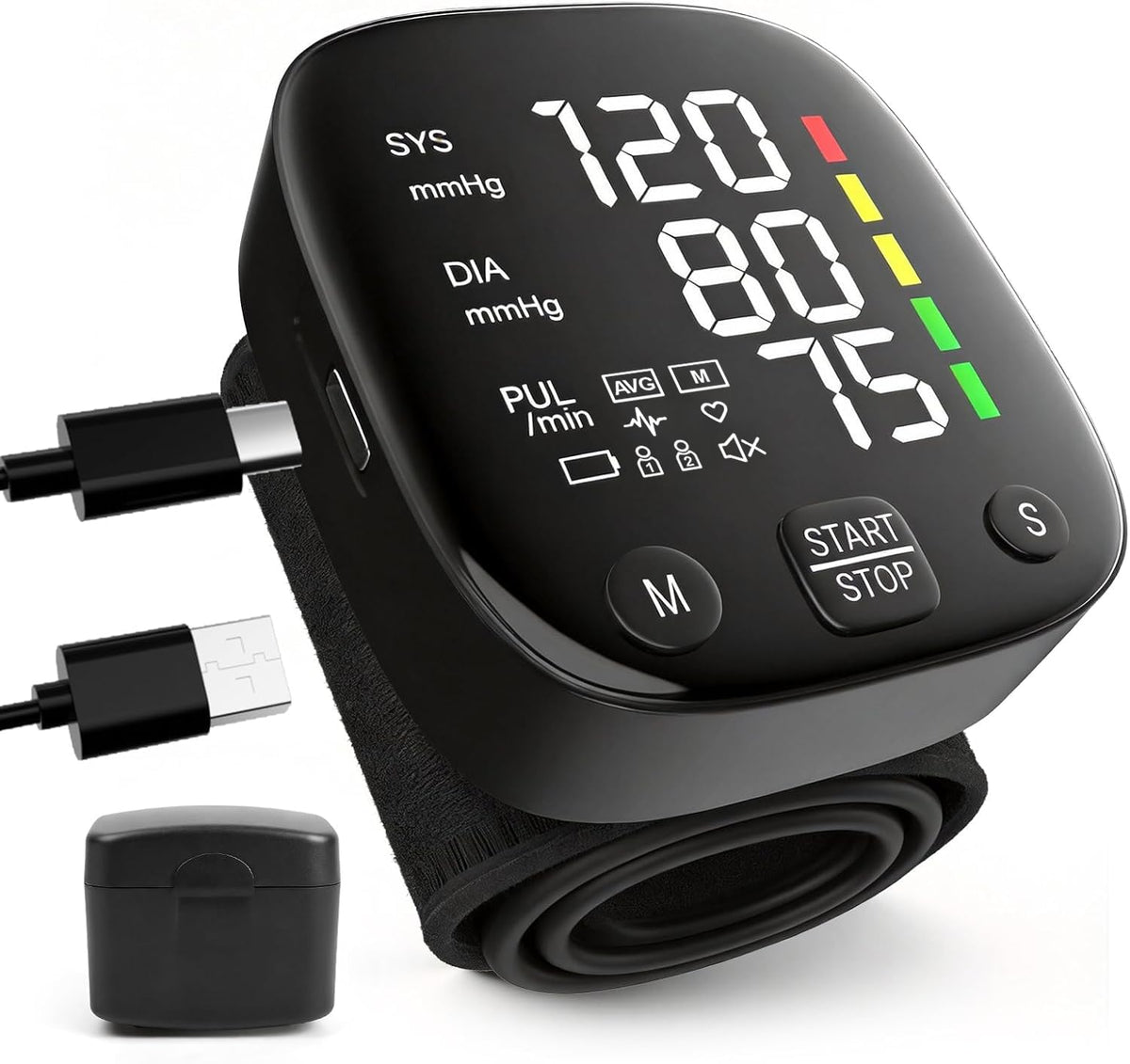 Wrist Blood Pressure Monitor LED Display 2x99 Memory Type-C Rechargeable S634