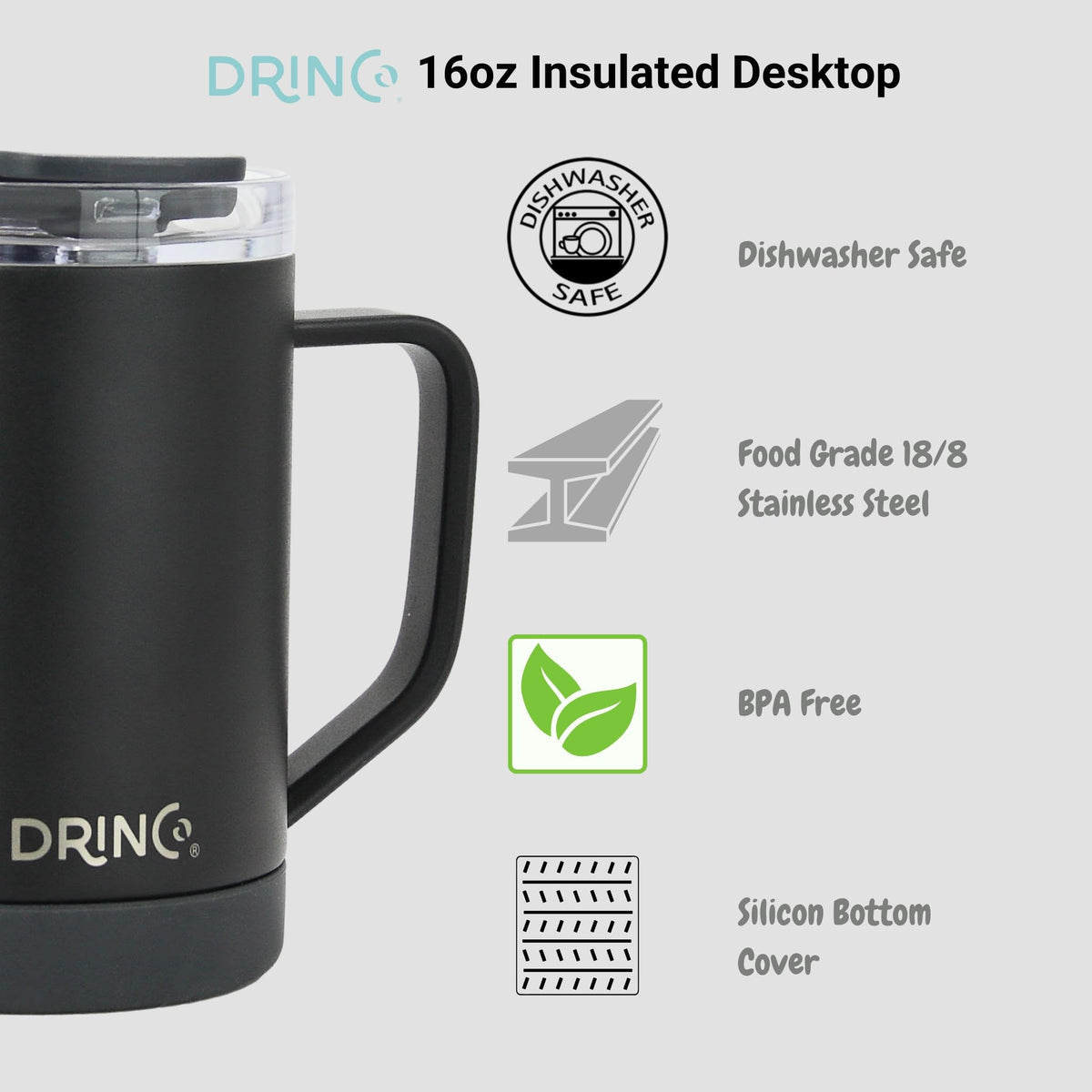 16 oz Black Vacuum Insulated Stainless Steel Travel Mug with Lid A140473