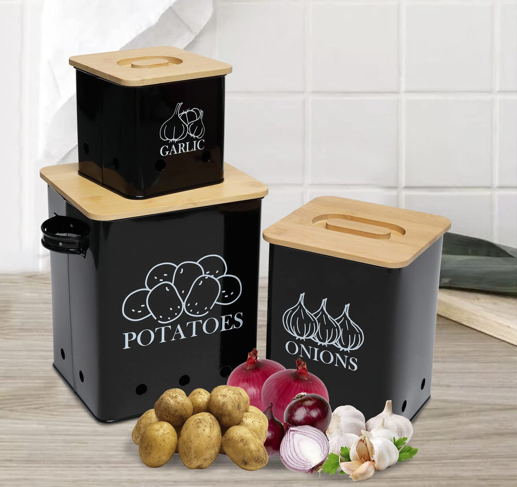 Black 3 Pack Kitchen Canisters Set with Wooden Lid L372