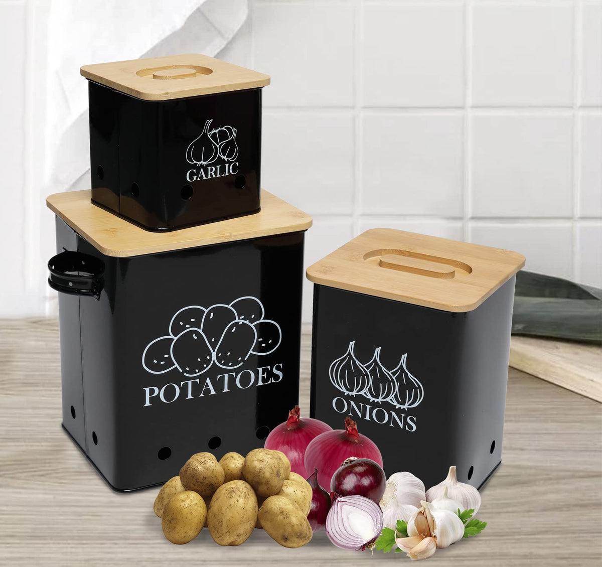 Black 3 Pack Kitchen Canisters Set with Wooden Lid L372