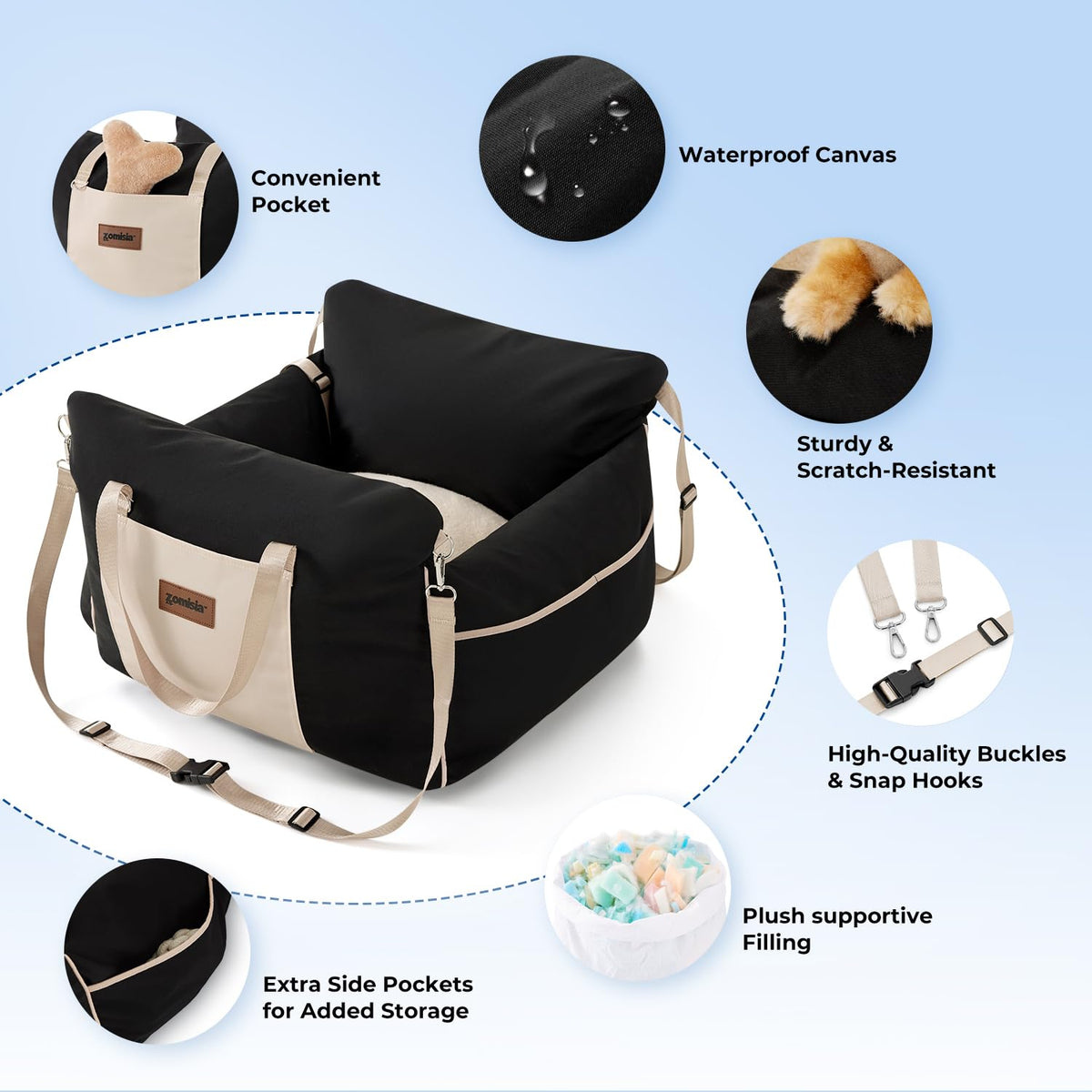 Waterproof Dog Car Seat with Safety Leash, Black V2241
