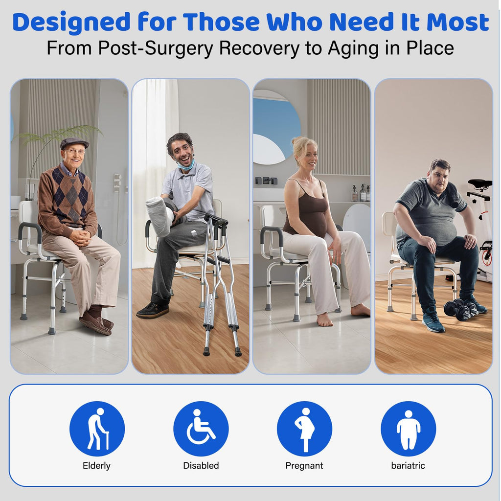 360° Swivel Shower Chair with Arms and Back, Adjustable Non-Slip U103