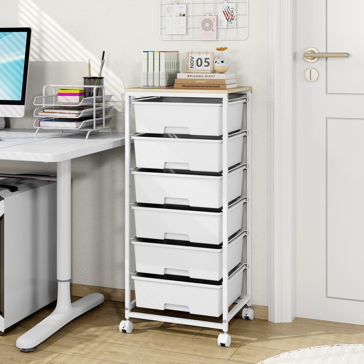 6 Drawer Rolling Storage Cart with Wooden Top and Wheels X486104