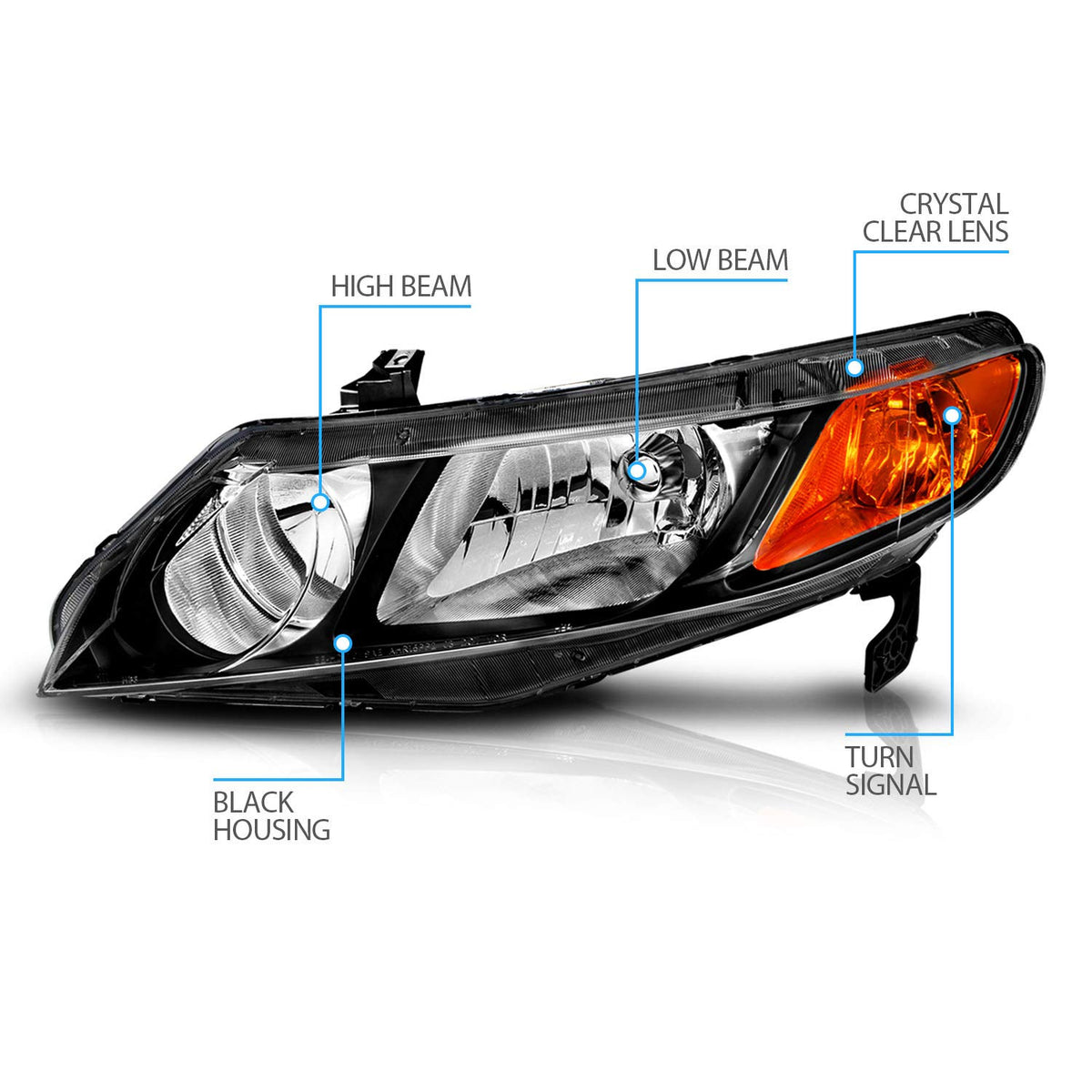 Black Replacement Halogen Headlights Set K7608