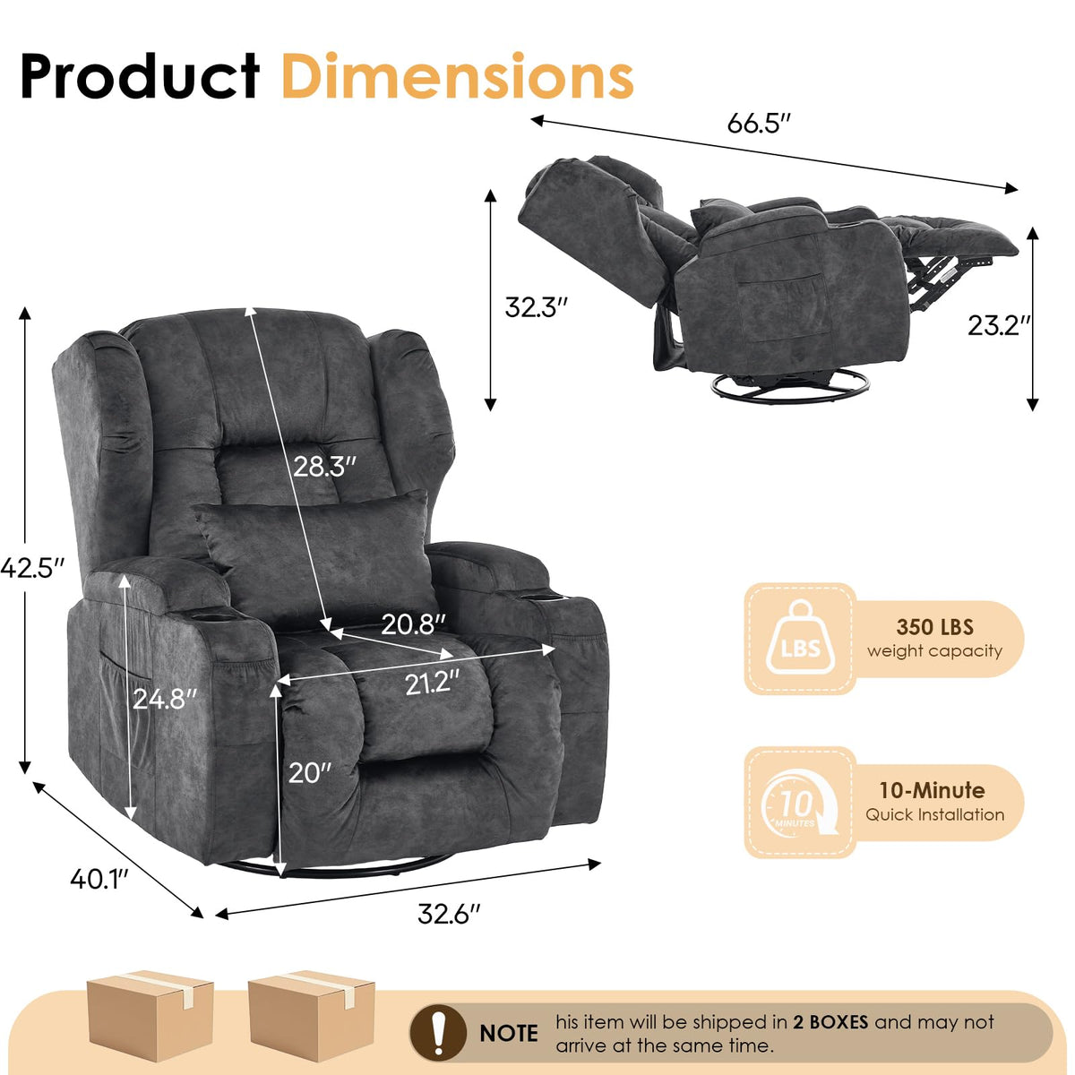 Oversized Velvet Swivel Rocker Recliner Chair with Cup Holders E840