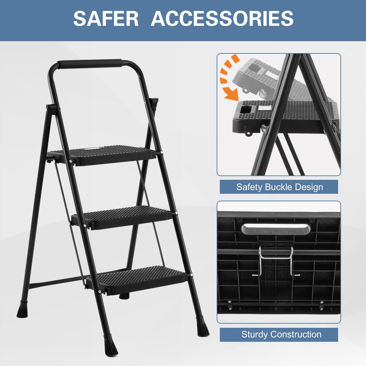 Foldable 3 Step Stool Ladder 300 Lb Weight Limit Steel Y7176