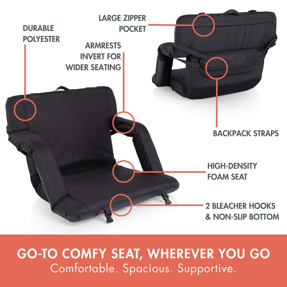 Portable Reclining Stadium Seat with Back Support, Black C865