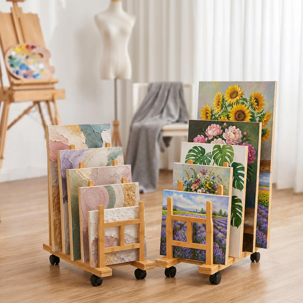 5 Slots Adjustable Bamboo Art Storage Drying Rack with Caster Wheel Y8843