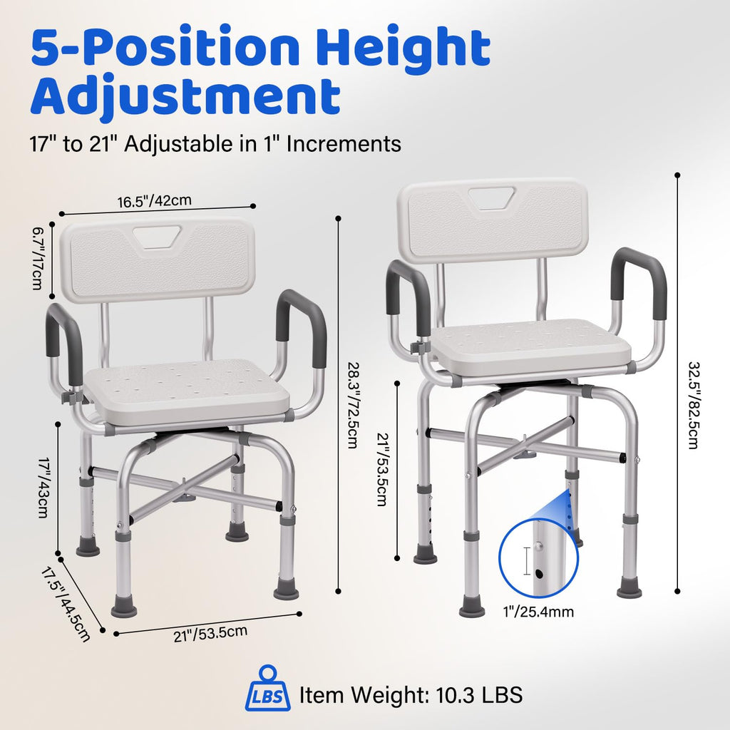 360° Swivel Shower Chair with Arms and Back, Adjustable Non-Slip U103