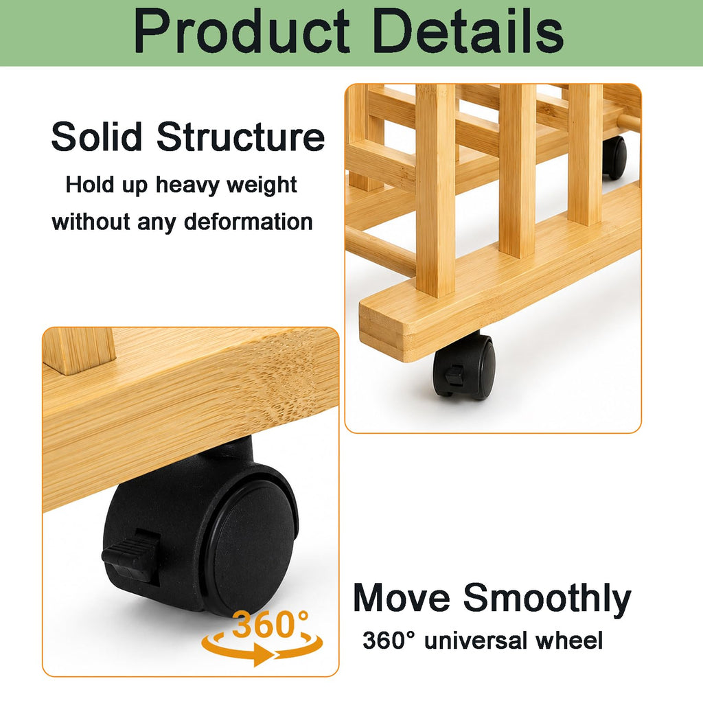 5 Slots Adjustable Bamboo Art Storage Drying Rack with Caster Wheel Y8843