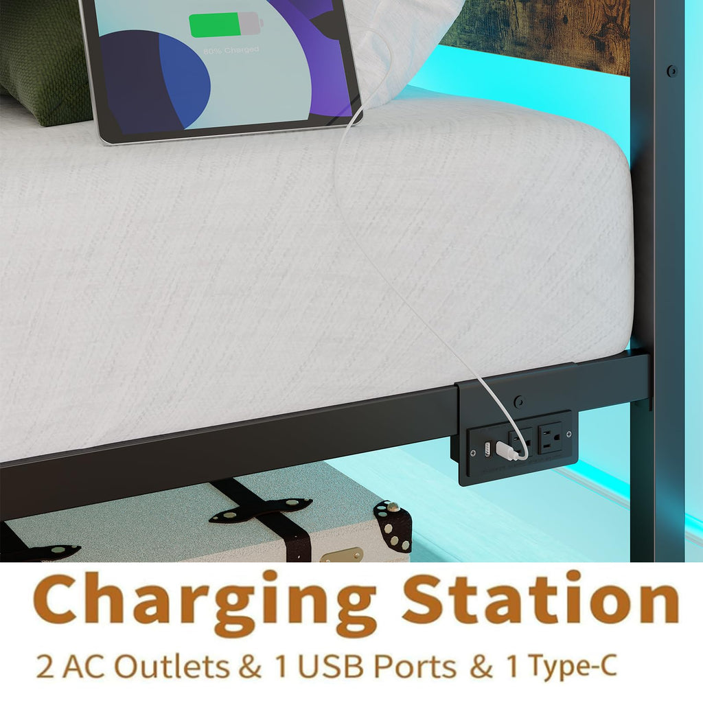 Twin Size Bed Frame with LED Light & Charging Station H399320