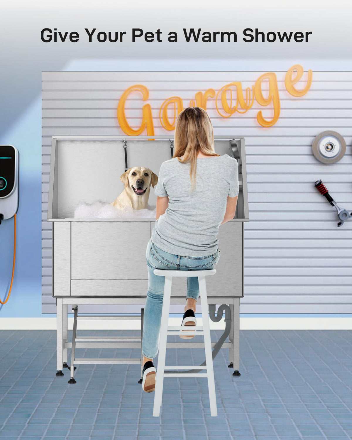 50 Inch Stainless Steel Dog Grooming Bath Tub with Ramp P380984