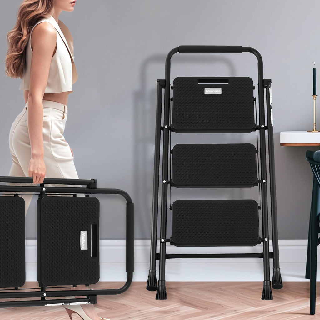 Foldable 3 Step Stool Ladder 300 Lb Weight Limit Steel Y7176