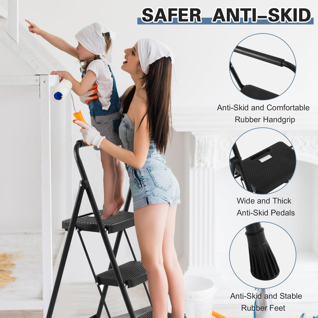 Foldable 3 Step Stool Ladder 300 Lb Weight Limit Steel Y7176