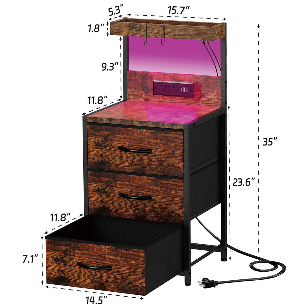 LED Nightstand with Charging Station 3 Fabric Drawers X177