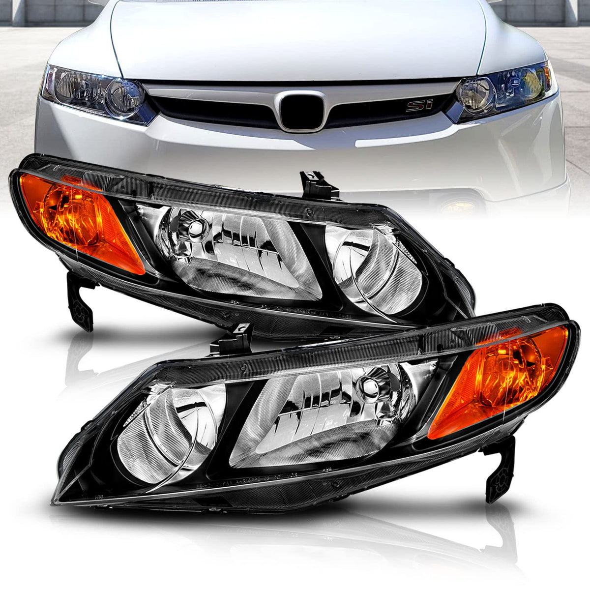 Black Replacement Halogen Headlights Set K7608