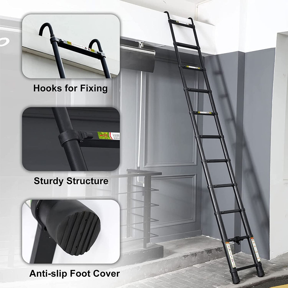 Black 20.3FT Aluminum Telescoping Ladder 330lbs Capacity J3061