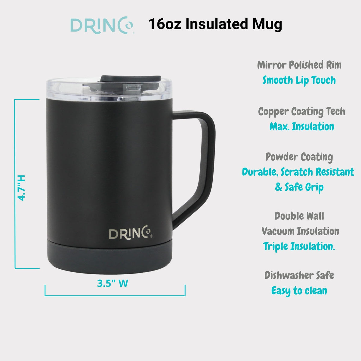 16 oz Black Vacuum Insulated Stainless Steel Travel Mug with Lid A140473
