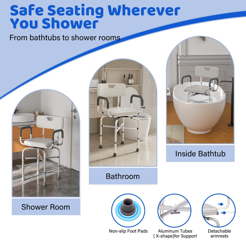 360° Swivel Shower Chair with Arms and Back, Adjustable Non-Slip U103
