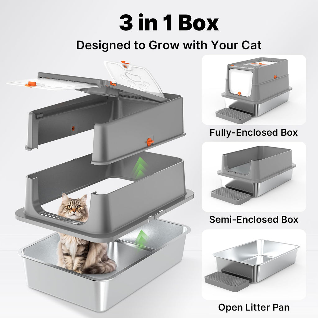 XL Stainless Steel Enclosed Cat Litter Box with Flip Lid Z87280