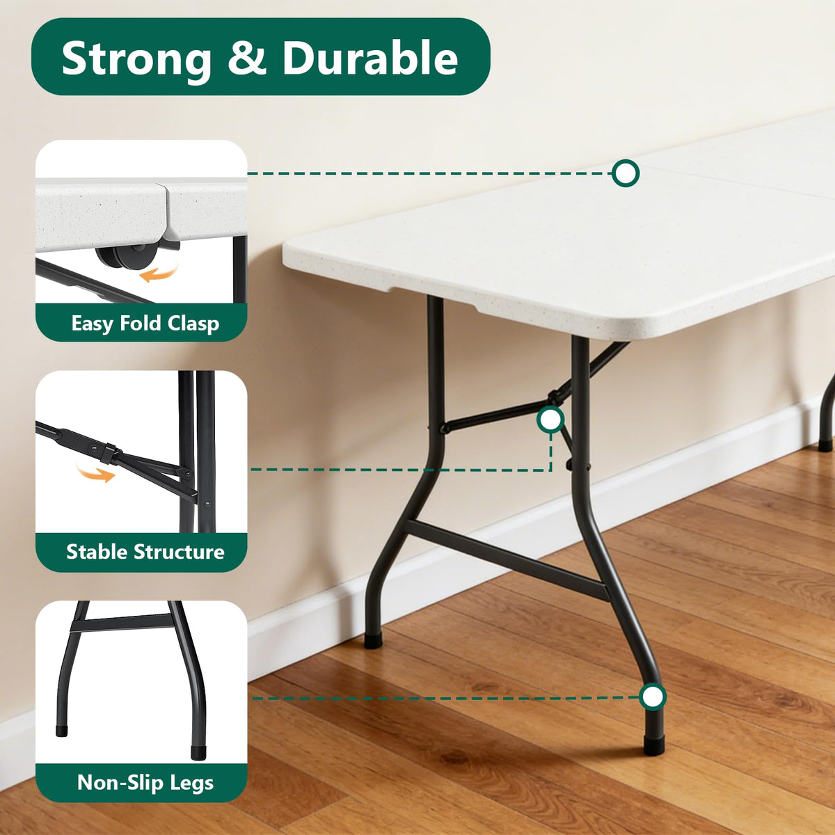 6FT Heavy Duty Plastic Folding Table with Steel Legs White A8440