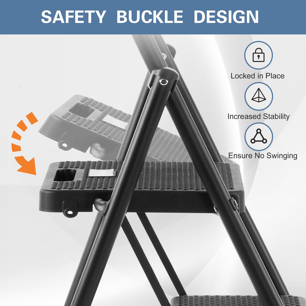 Foldable 3 Step Stool Ladder 300 Lb Weight Limit Steel Y7176