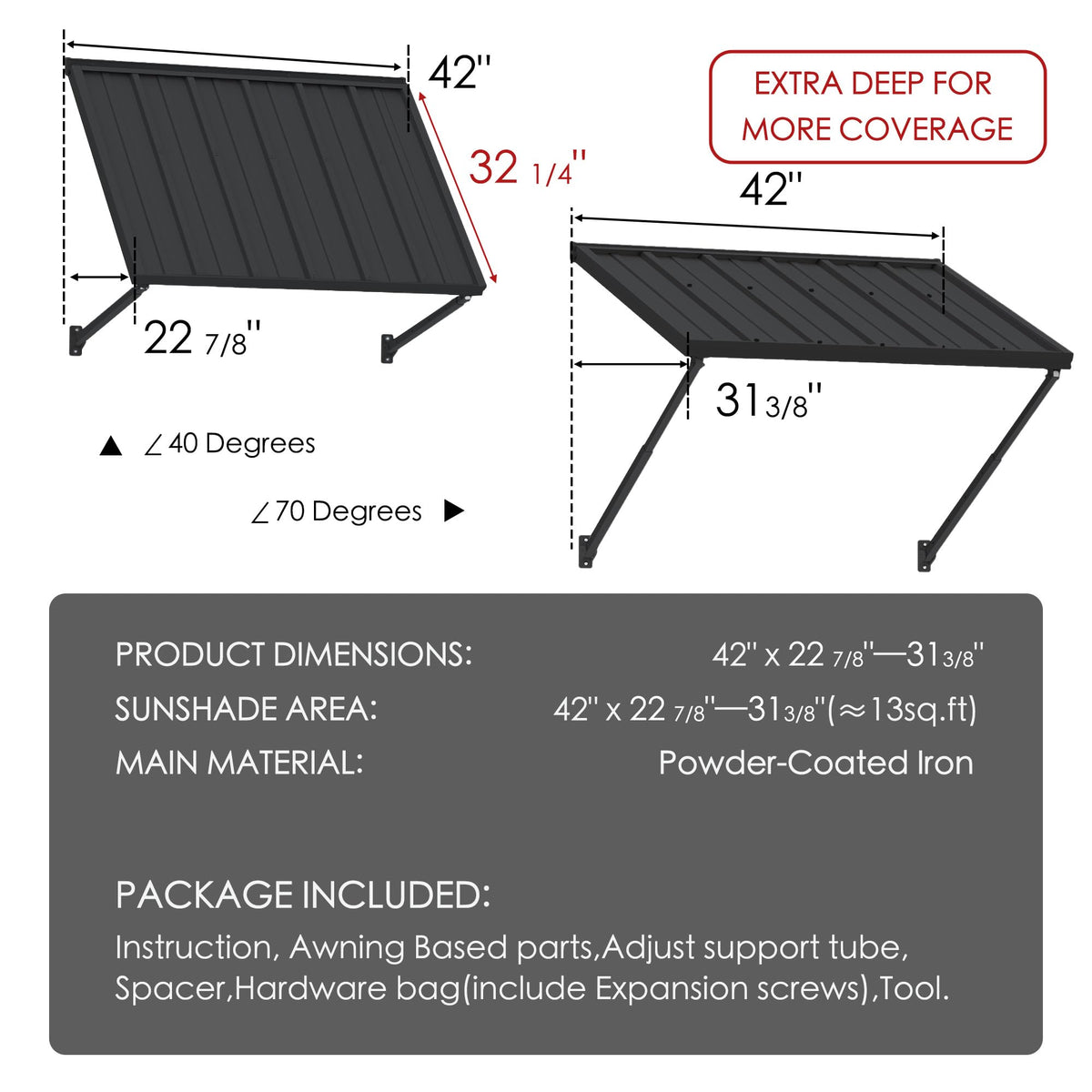 Adjustable Door Window Awning 42"W×32" T7421