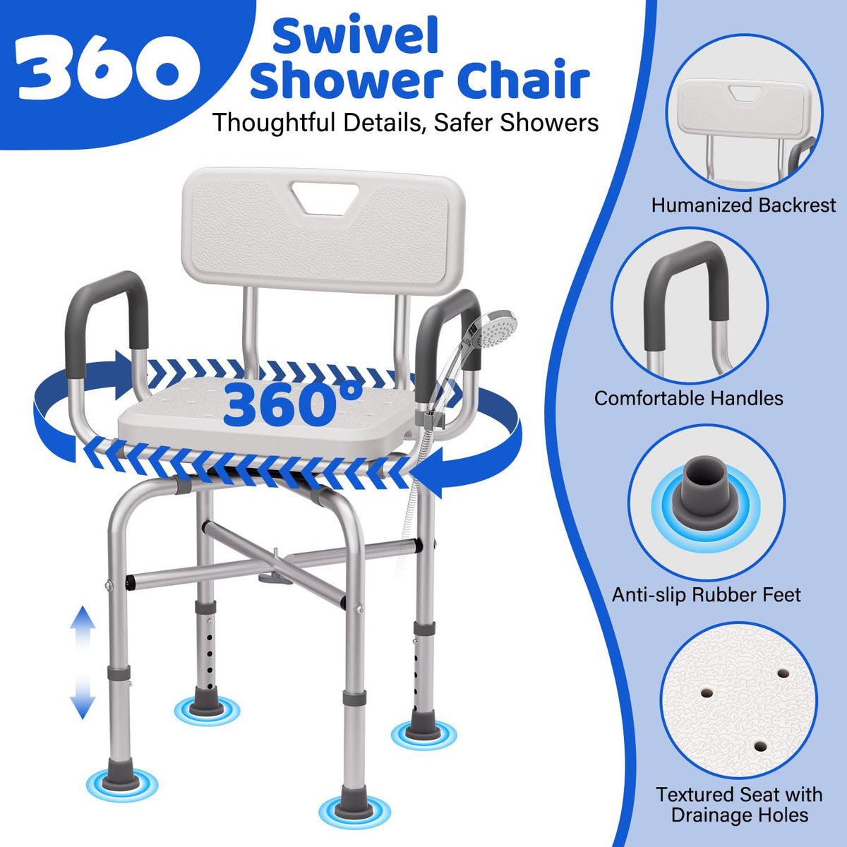 360° Swivel Shower Chair with Arms and Back, Adjustable Non-Slip U103