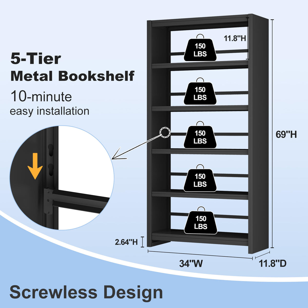 Black 69" Tall 5 Tier Metal Bookshelf V9102