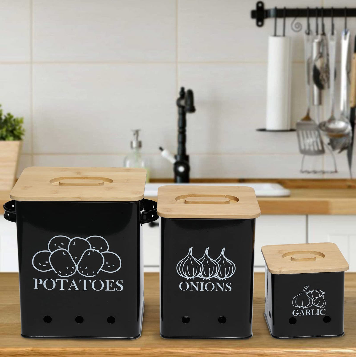 Black 3 Pack Kitchen Canisters Set with Wooden Lid L372