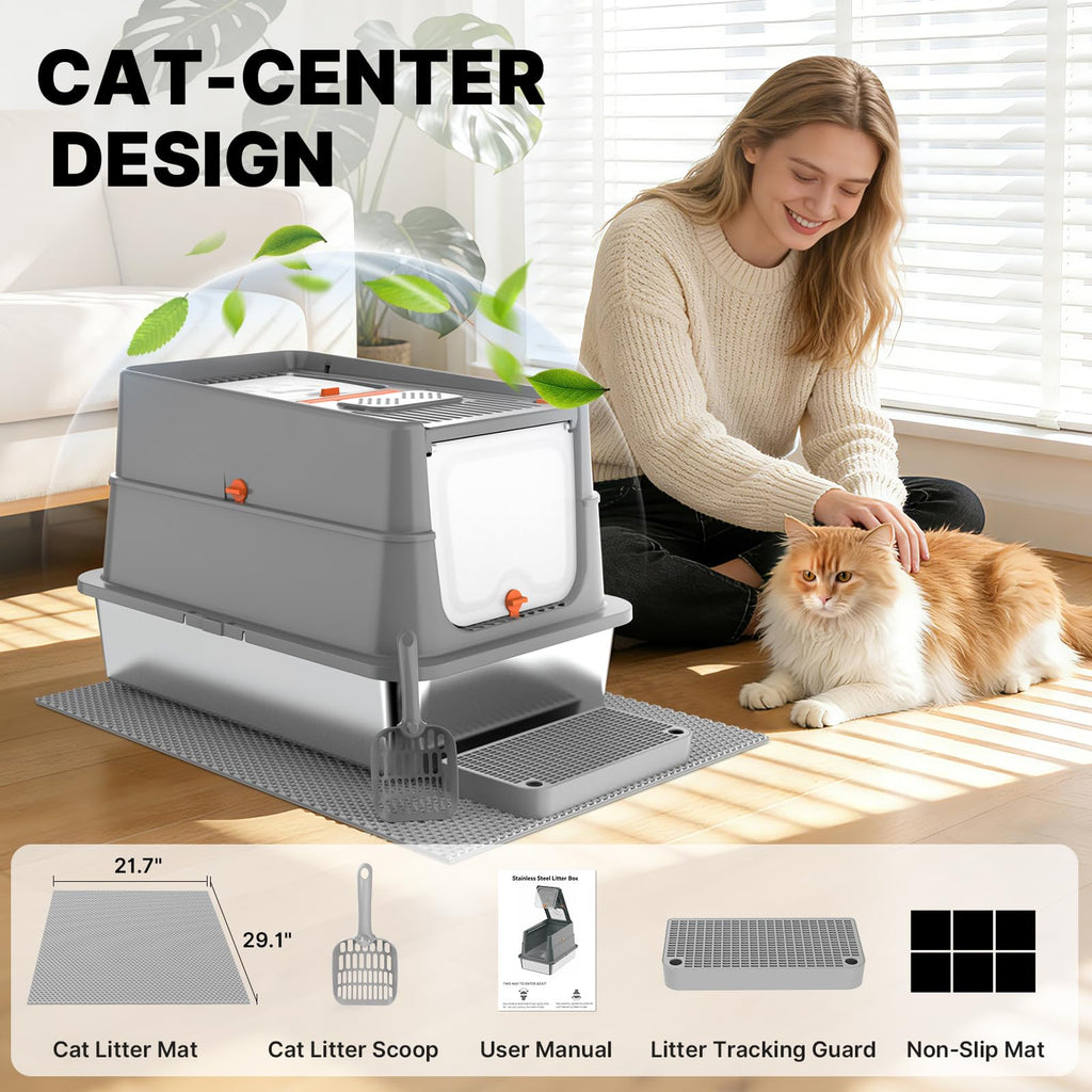 XL Stainless Steel Enclosed Cat Litter Box with Flip Lid Z87280