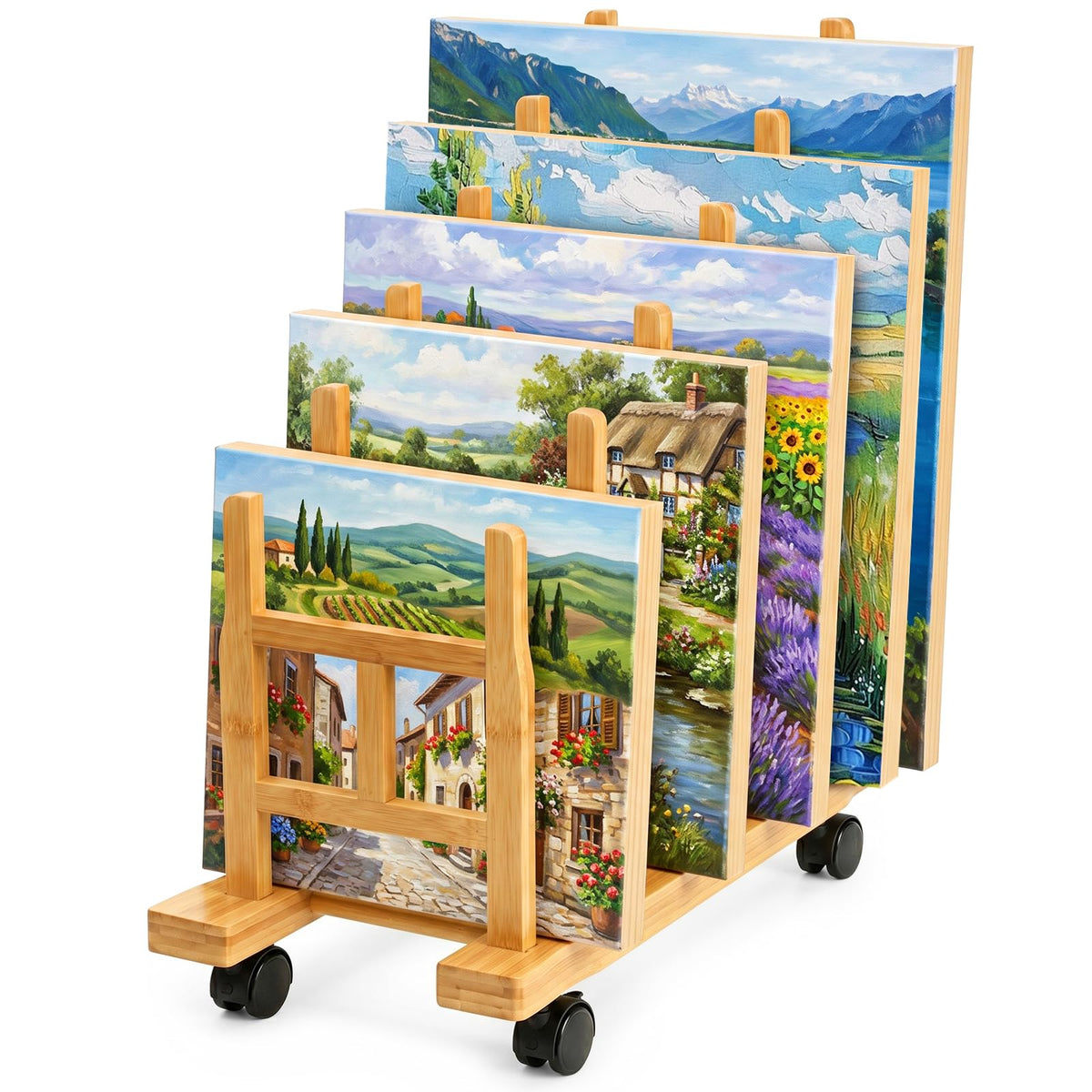5 Slots Adjustable Bamboo Art Storage Drying Rack with Caster Wheel Y8843