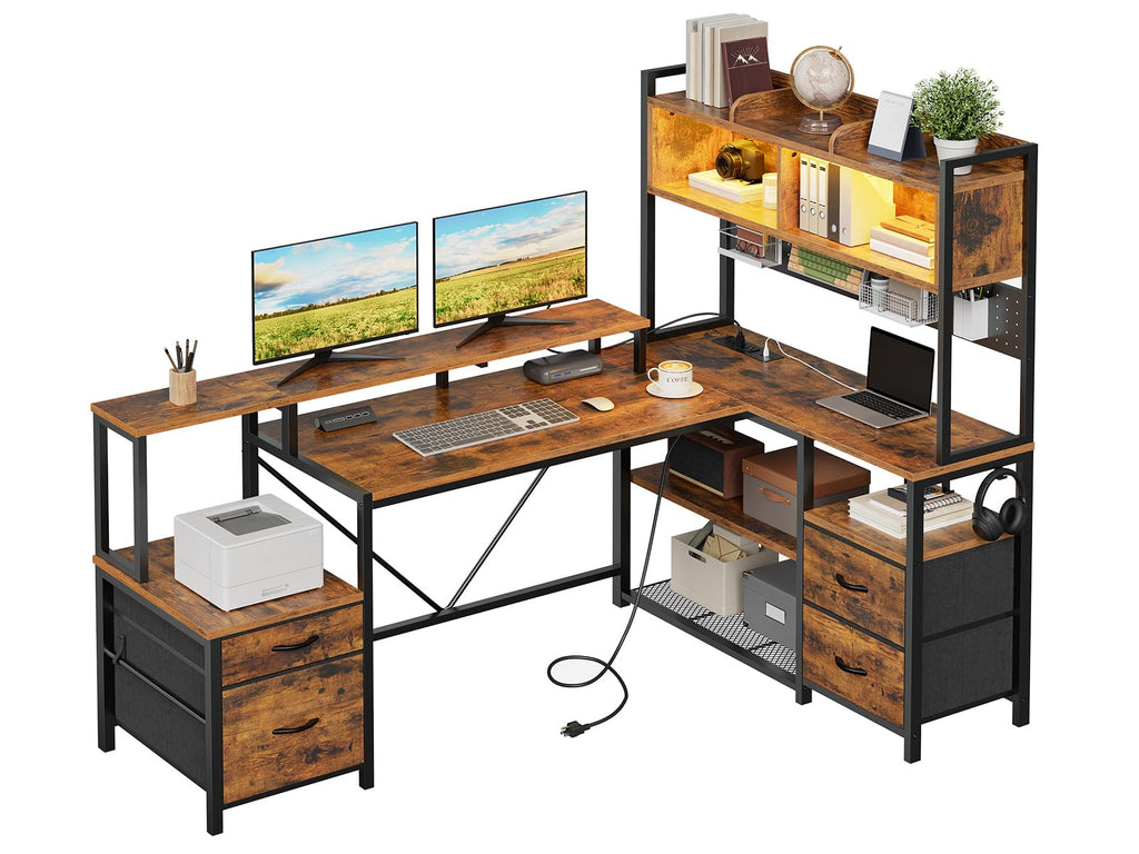 L Shaped Gaming Desk with Storage Drawers & Shelves A8600