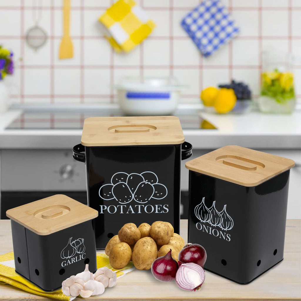 Black 3 Pack Kitchen Canisters Set with Wooden Lid L372