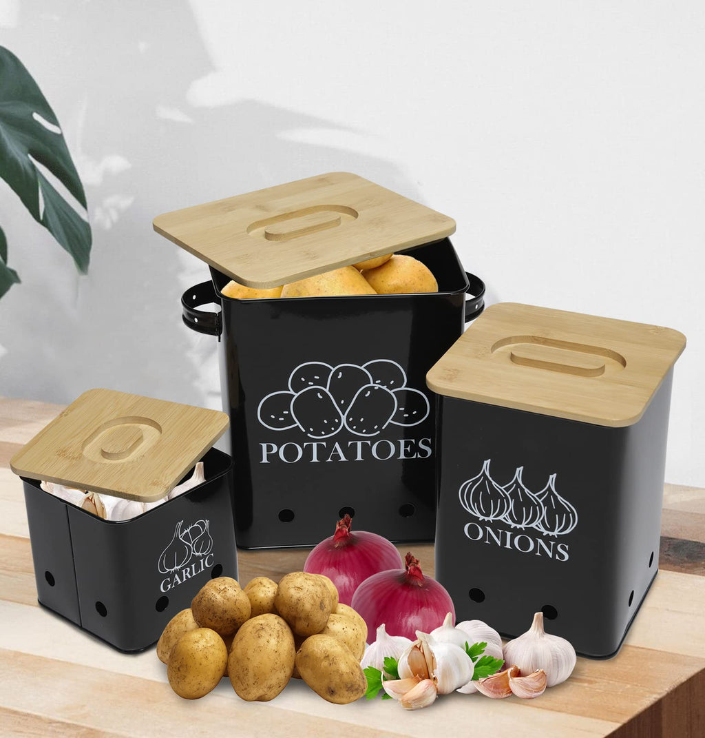 Black 3 Pack Kitchen Canisters Set with Wooden Lid L372
