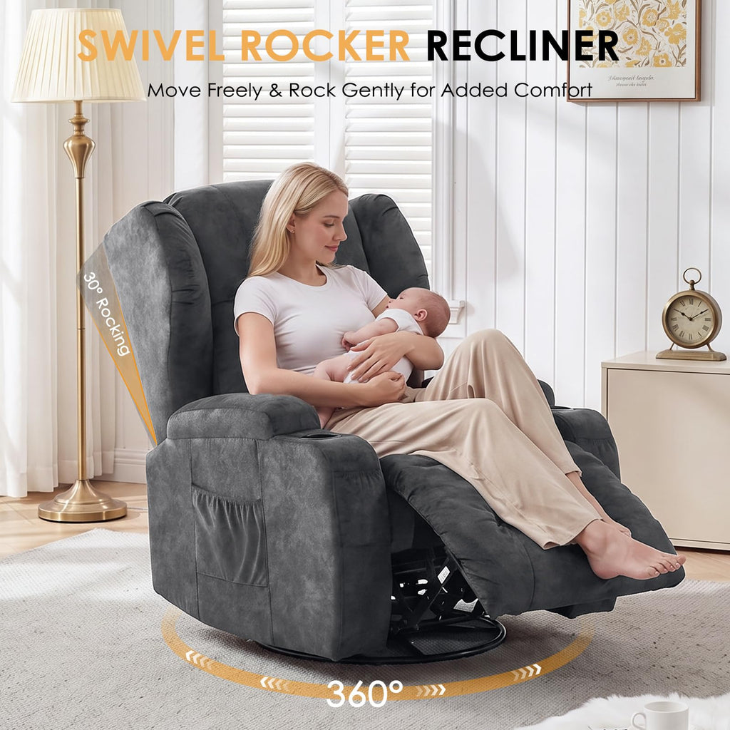 Oversized Velvet Swivel Rocker Recliner Chair with Cup Holders E840