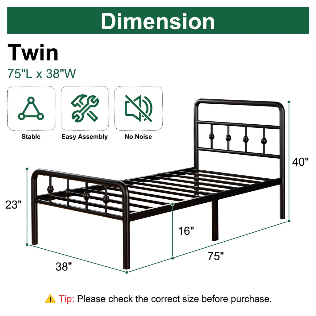 16 Inch Twin Metal Platform Bed with Headboard and Footboard M726872