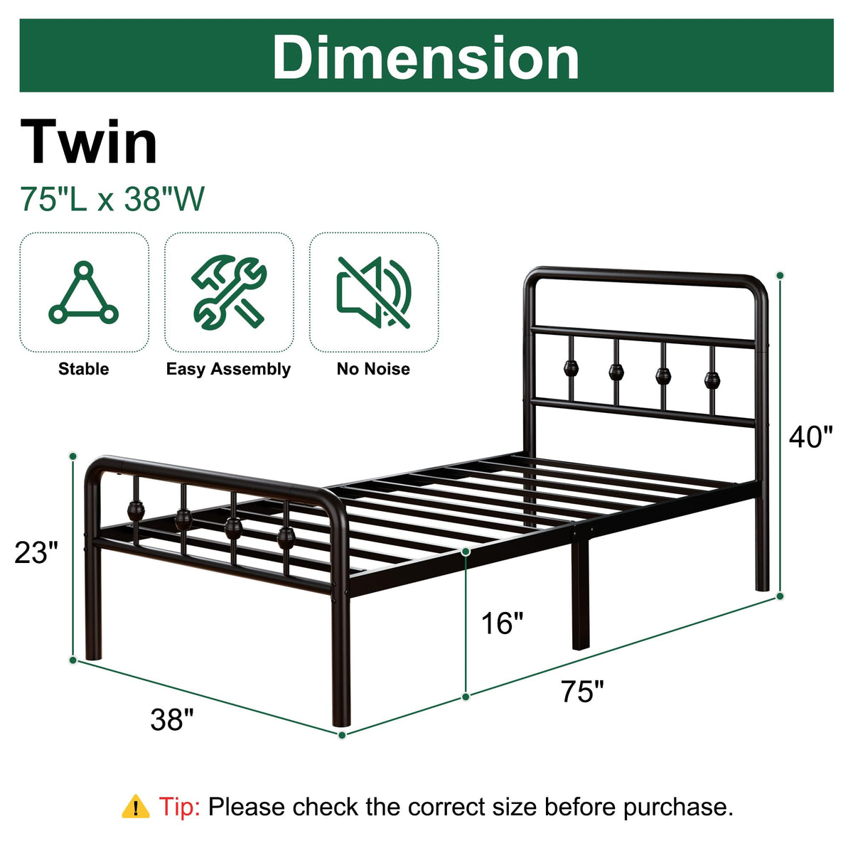 16 Inch Twin Metal Platform Bed with Headboard and Footboard M726872