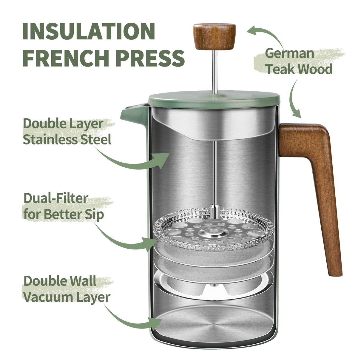 34oz Stainless Steel Double Wall Insulated French Press J5495