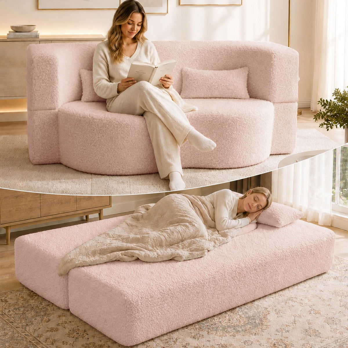 78" Pink Sherpa Futon Sofa Bed D4721