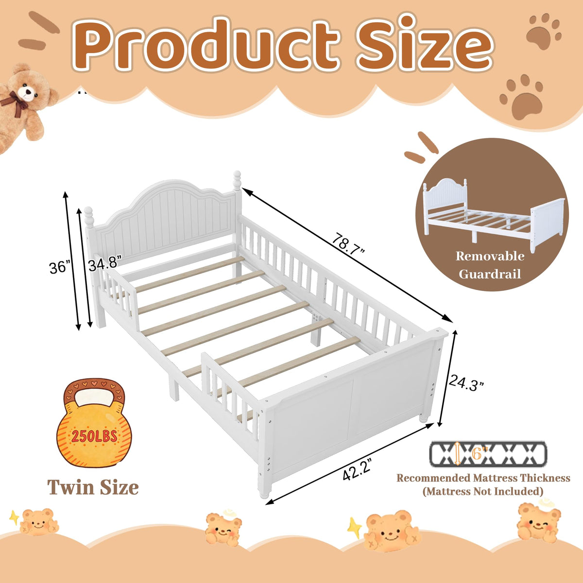 White Twin Bed Frame with Headboard and Rails O616109