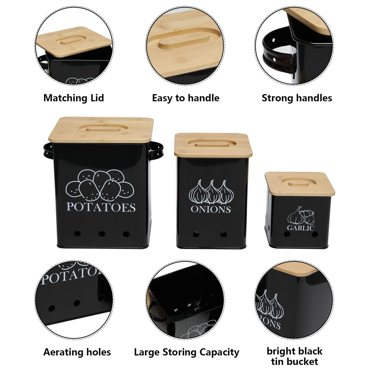 Black 3 Pack Kitchen Canisters Set with Wooden Lid L372
