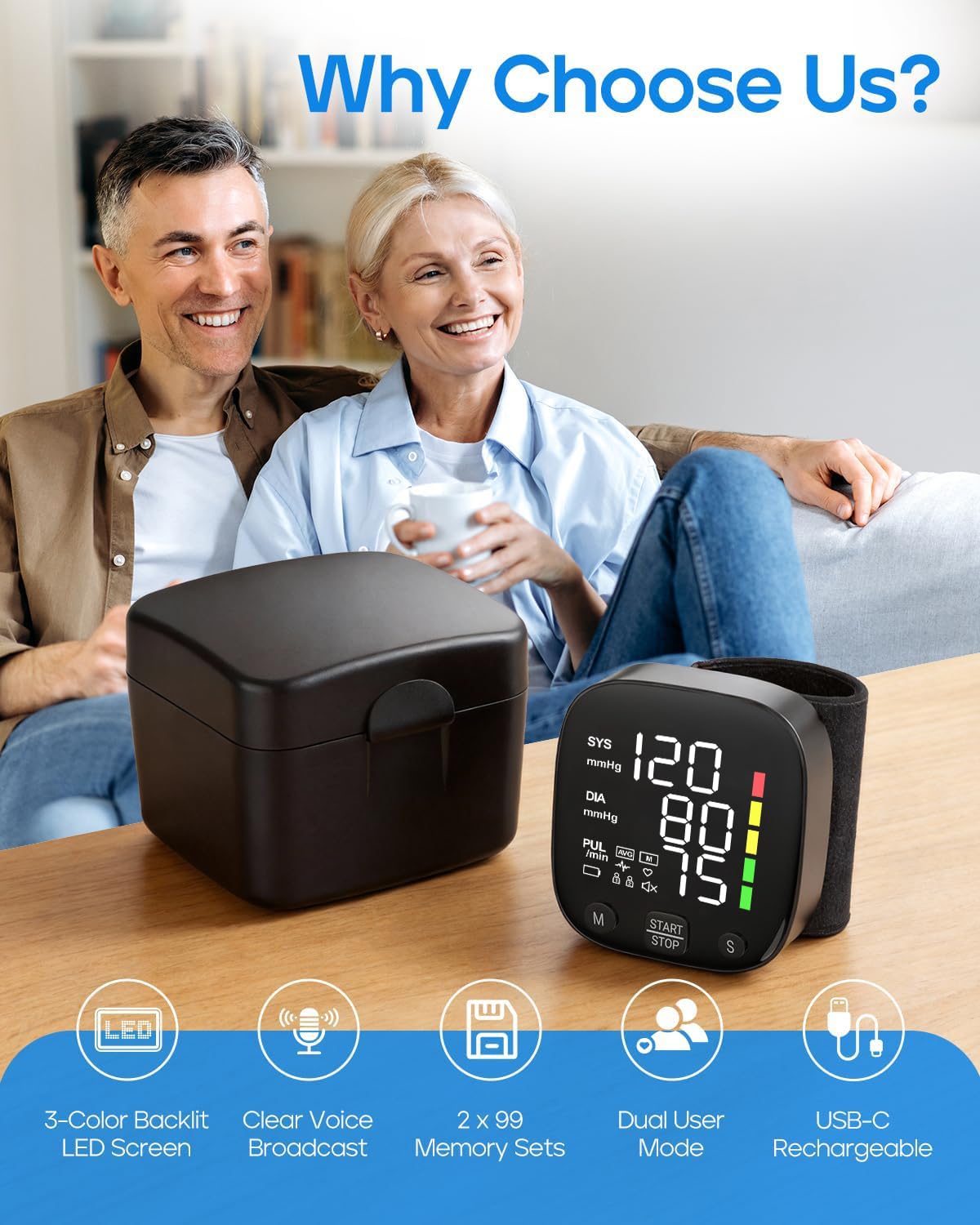 Wrist Blood Pressure Monitor LED Display 2x99 Memory Type-C Rechargeable S634